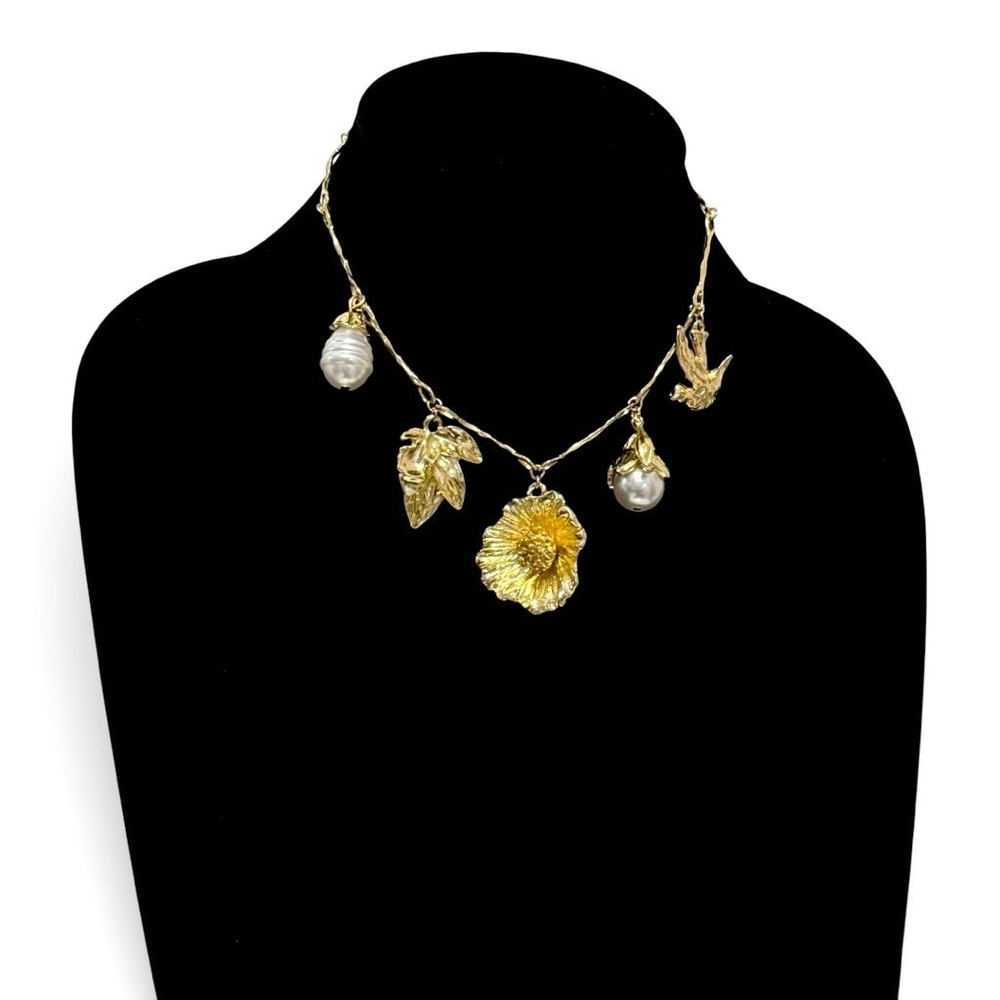 Golden Bloom Gold Flower and Pearl Charm Necklace NWT